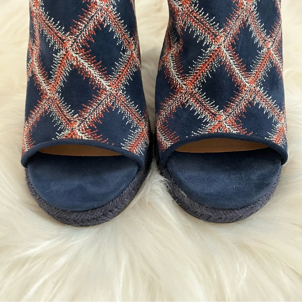 NEW Tory Burch Trinity Embroidered Navy Espadrille Heeled Slingback Sandal